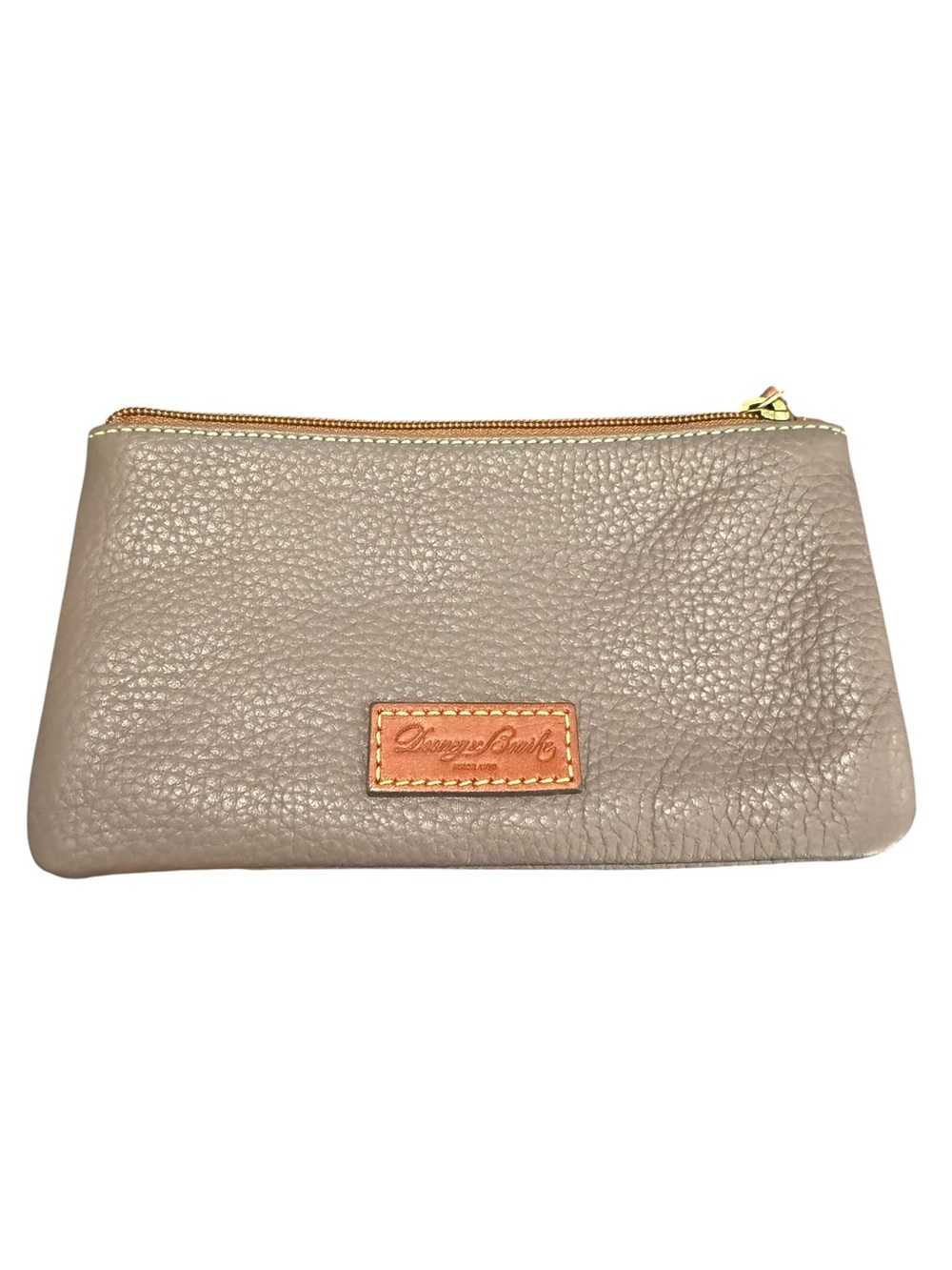 Dooney & Bourke Taupe Pebbled Leather Zip Pouch with Tan Logo Patch